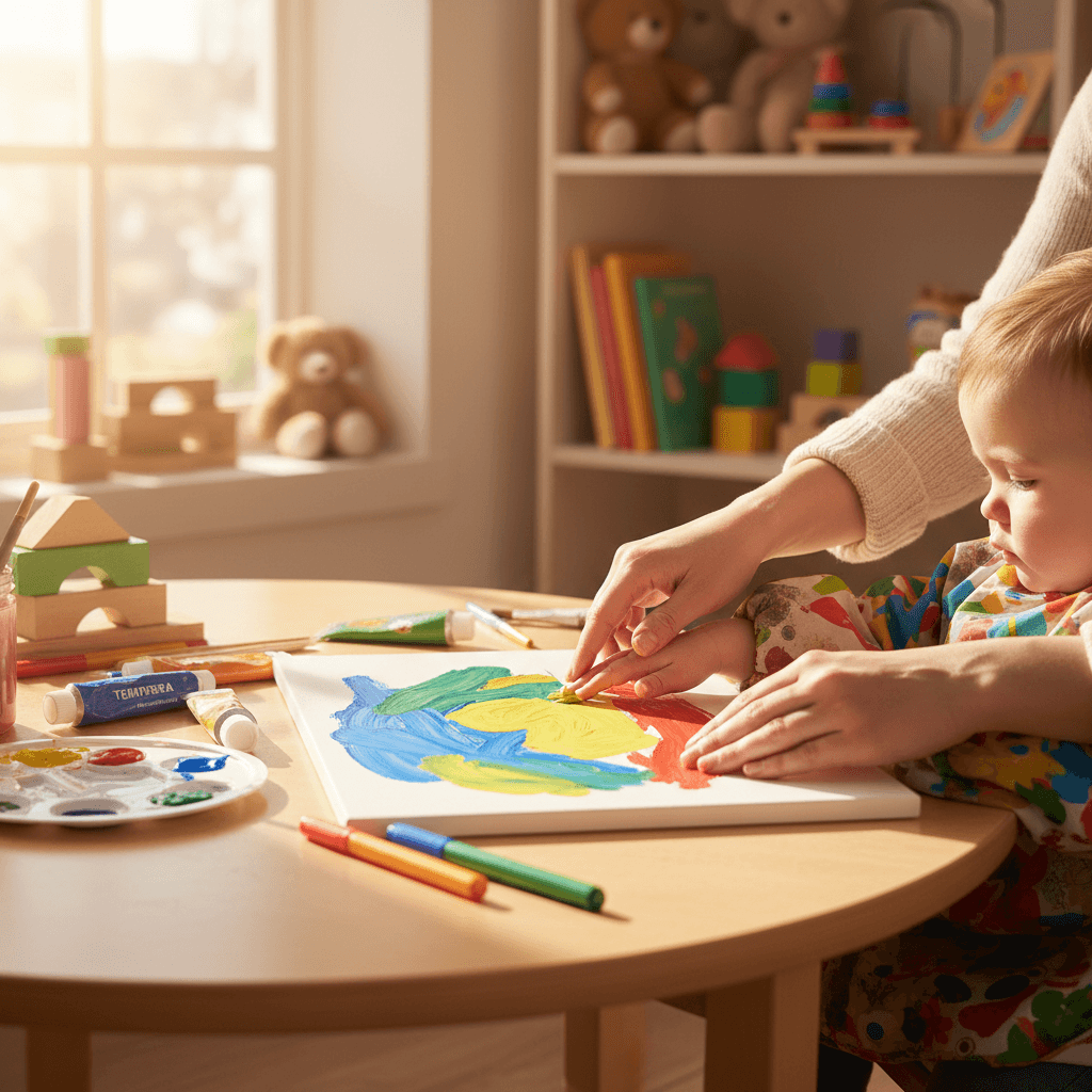 Child sitting with supportive adult in warm bright room with natural light, positive emotional connection